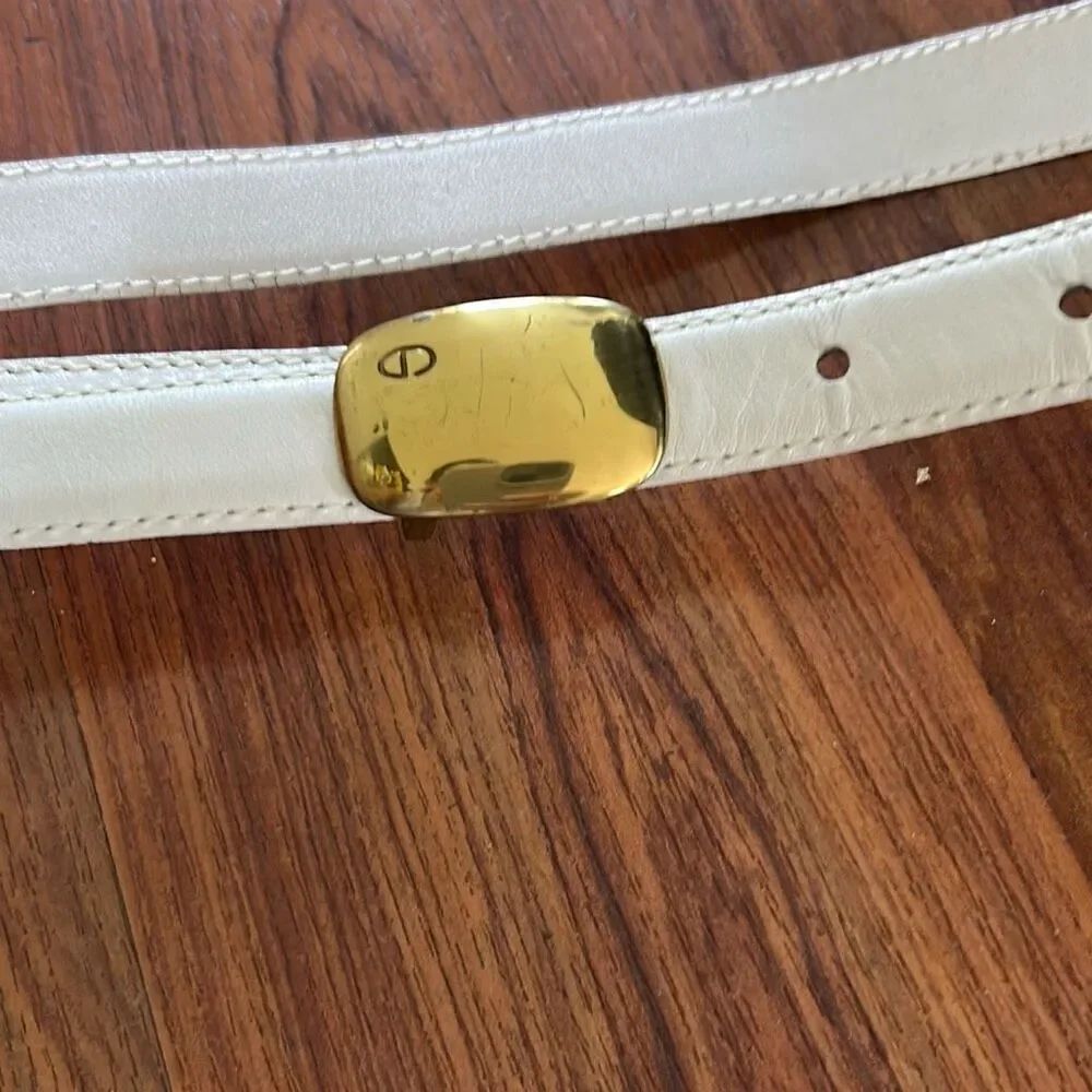 Vintage 80's Christian Dior white thin leather belt gold buckle size M